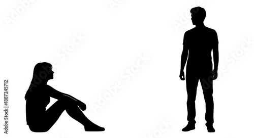 Minimalist black silhouettes of a man standing and a woman sitting on the floor, design for relationship blog graphics and social interaction presentations. Transparent SVG version.