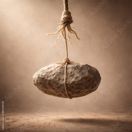 A heavy stone tied with a rope appearing to float above the ground in a calm minimal environment