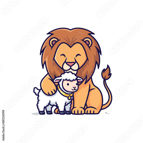 Cute cartoon lion and lamb hugging in a friendly embrace.