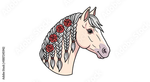 Elegant white horse head with braided mane and red roses illustration.