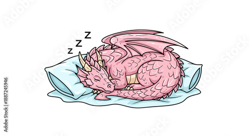 Cute pink cartoon dragon sleeping soundly on a soft pillow.