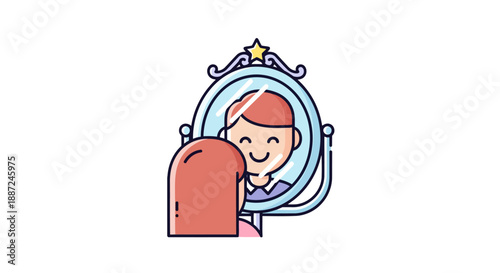 Happy cartoon character looking at their smiling reflection in a decorative mirror.
