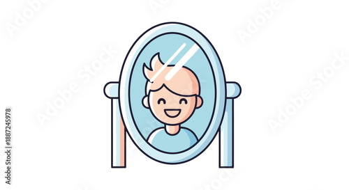 Happy cartoon boy smiling at his own reflection in an oval mirror.