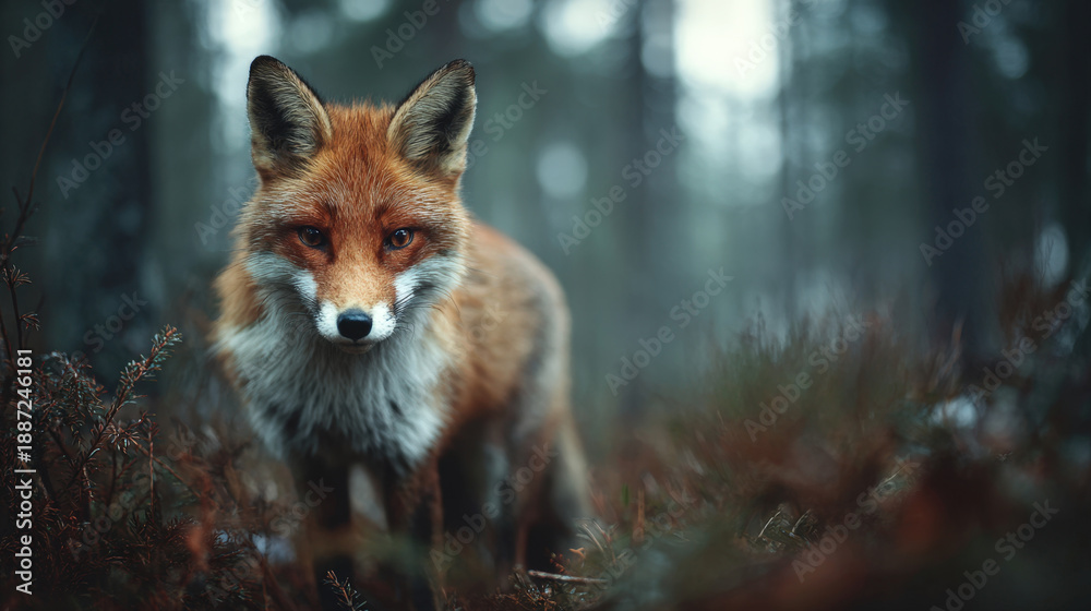 Fototapeta premium Stunning Portrait of a Red Fox Standing in a Misty Pine Forest with Soft Morning Fog and Natural Deep Green Background Capturing Wild Animal Beauty in its Untamed Nordic Wilderness Habitat at Dawn