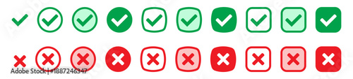 Right or wrong icons. Green tick and red cross checkmarks flat icons. Yes or no symbol, approved or rejected icon.