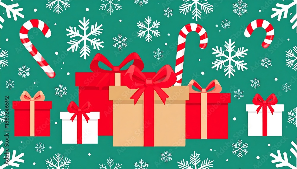 Fototapeta premium Festive Christmas gifts and candy canes on green background.