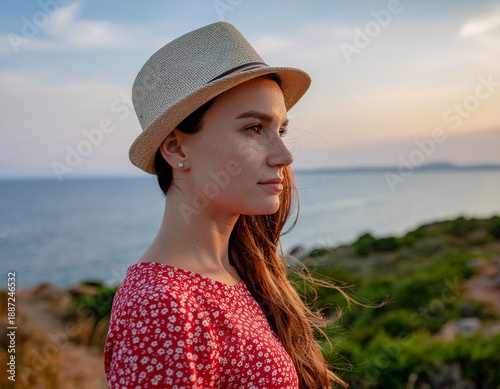 Girl in red dress and hat dreamer walk by the sea