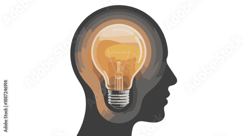 The glowing light bulb illuminating the silhouette of a human head, representing innovation and creativity.
