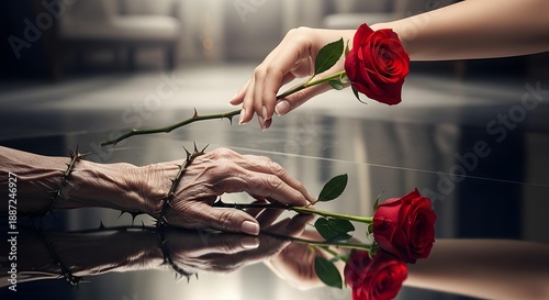 A poignant moment of kindness and compassion, an old hand receiving a red rose from a younger person