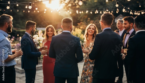 happy bride and groom celebrating with guests at outdoor wedding reception