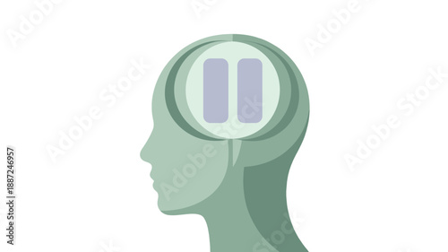A conceptual illustration of a person's head featuring a pause symbol.