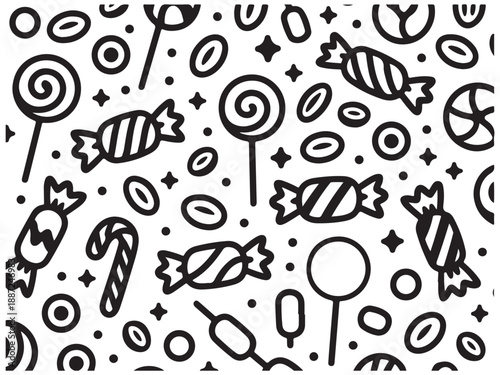 Seamless Pattern of Candies: A repeating pattern featuring various candies in black and white, suitable for backgrounds and designs.