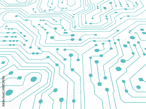An overhead shot of a detailed circuit board. This image features a complex network of lines and components in a modern, tech-focused style. 