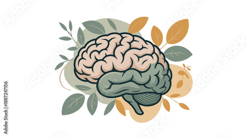 A stylized illustration of a human brain surrounded by organic elements.