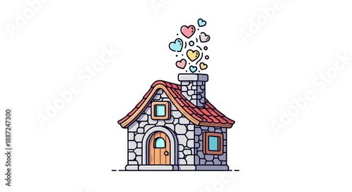 Cute hand-drawn stone cottage with colorful hearts coming from the chimney.