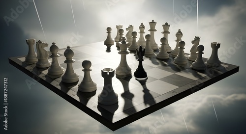 A chessboard with pieces in a dramatic cloudy sky with rain, symbolizing strategic battle and competition in a stormy environment.