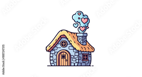 Charming cartoon stone cottage with heart-shaped smoke from chimney.