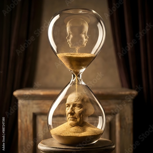 Hourglass with sand forming human faces, symbolizing time and mortality, with a dark and moody background