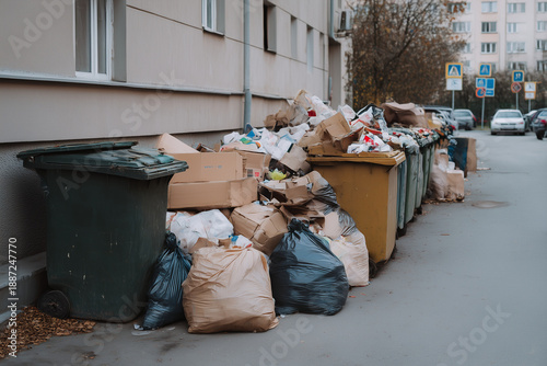 Overflowing garbage containers near residential building representing urban waste collection and recycling system