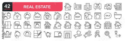 Set of line icons related to house, apartment, sell, residential and more. Outline icons collection. Editable stroke. Vector illustration