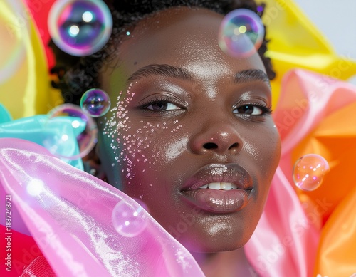A female model with hair flowing like a river of vibrant colors, surrounded by waves, soft fabrics, sparkling crystals, and bubbles in a surreal, hyper-realistic 3D composition representing joy and fr