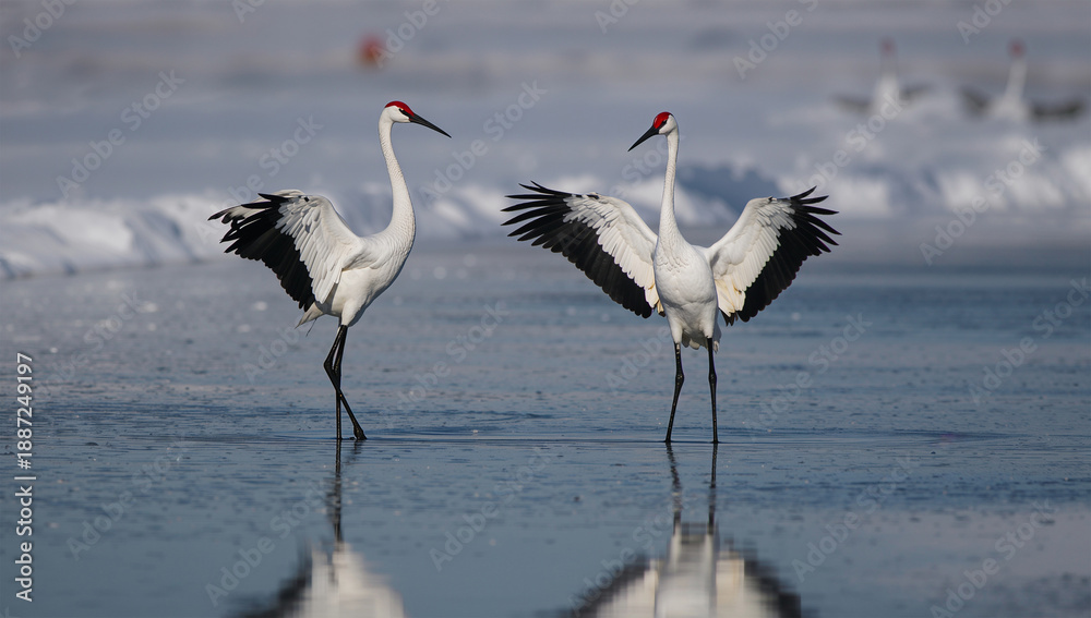 Obraz premium 融雪期の雪面に薄い反射を作り春光で舞う丹頂鶴を描写