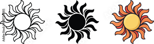 Three distinct sun vector icons: outline, black silhouette, and colorful cartoon style isolated on white background, Vector