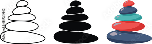 Zen stone stack illustrations showing outline, silhouette, and colored versions of balanced rocks isolated on white background, Vector