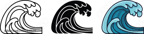 Dynamic stylized ocean wave design in outline, solid black, and blue color variations isolated on white background, Vector