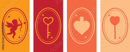 Love potion, heart-shaped candy, Cupid, key to the heart. Romantic concept. Vector illustration. Trendy background. Phone wallpaper.
