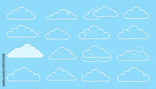 Set of Cloud Icons on Blue Background, Weather Elements.
