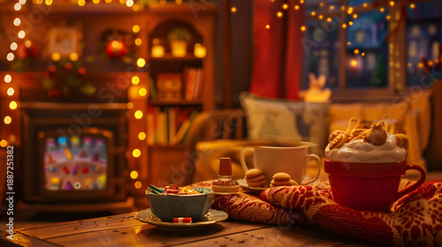 Wallpaper Mural Title: Cozy Log Cabin Interior with Burning Fireplace and Scenic Snowy Forest View through Window Torontodigital.ca