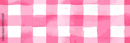 Pink and white watercolor checkered pattern creating a rustic seamless background texture. Pink watercolor gingham check seamless pattern background