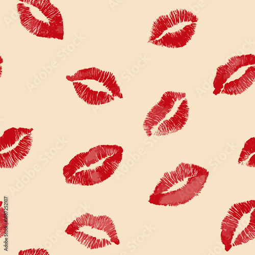 Red lipstick kiss marks covering a cream textured paper surface, creating a playful pattern. Red lipstick kiss marks seamless pattern on textured paper