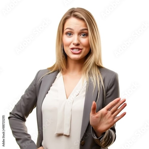 A confident businesswoman in a gray suit smiling at the camera with her hand on her hip