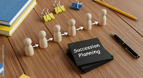 Succession planning concept with wooden figures and office supplies on wooden desk representing career progression and business continuity