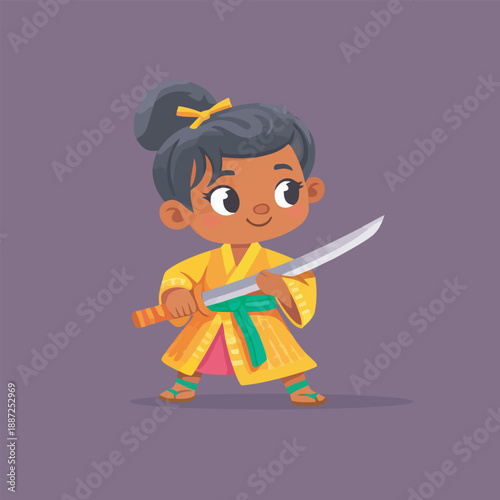  happy girl with sword playing warrior cartoon