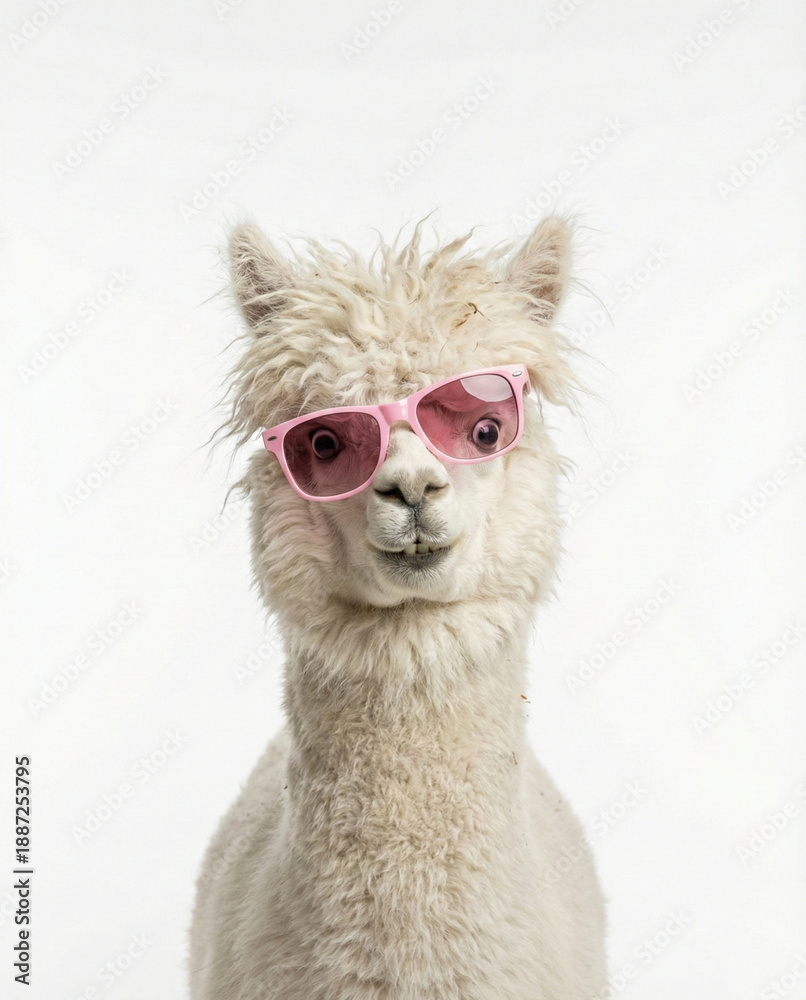 Naklejka premium Alpaca wearing pink sunglasses on white background
