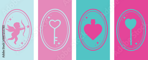  Love potion, heart-shaped candy, Cupid, key to the heart. Romantic concept. Vector illustration. Trendy background. Phone wallpaper.