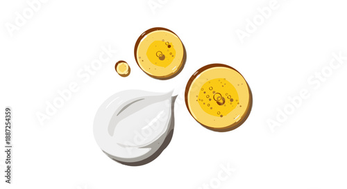 Fresh citrus serum droplet surrounded by sliced oranges on a clean white surface from a top-down viewpoint
