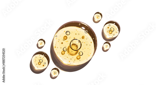 A close-up overhead view of a cup of coffee surrounded by coffee beans on a transparent background