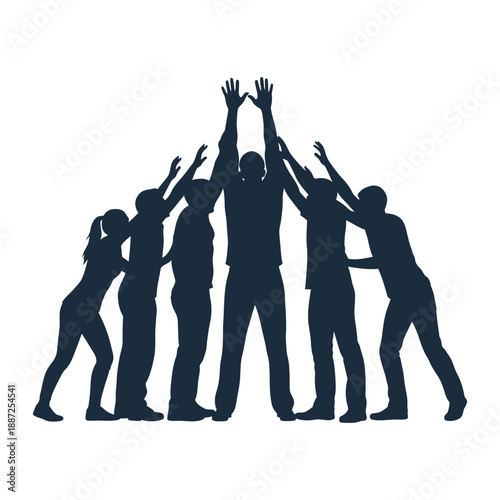 Silhouette of a group of people in a celebratory gesture