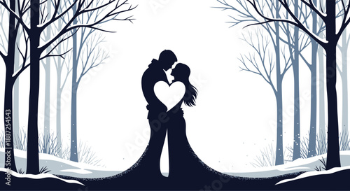 Romantic winter silhouette of loving couple embracing