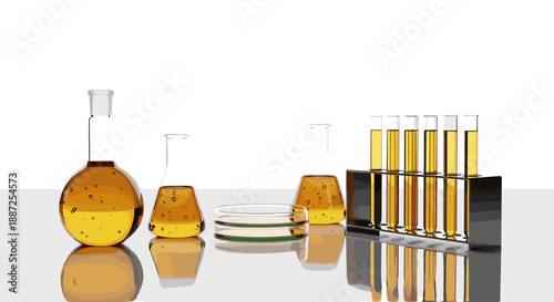 Laboratory equipment with beakers and test tubes filled with yellow liquid on a reflective surface viewed from the side