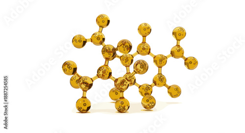 Molecular structure of gold atoms arranged in a complex cluster, showcasing atomic bonds and nanotechnology, viewed from a 3D perspective
