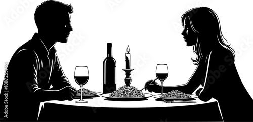 Romantic Italian dinner silhouette with wine creates intimate moment, perfect for Valentine's Day card design or restaurant promotion
