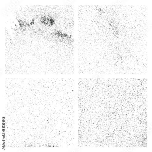 Set of distressed black and white texture. Dark grainy texture isolated on white background. Night sky star dust overlay textured. Grainy dirty overlay noise particles. Vector.