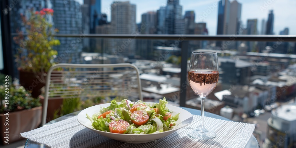 Fototapeta premium Light lunch on sunlit balcony table: salad and glass of rose, distant city skyline softened by spring haze. A moment of quiet refreshment with urban charm.