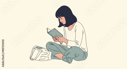 Enjoying a book while traveling a tranquil flat vector illustration of a young female commuter reading on public transportation, epitomizing a serene urban lifestyle