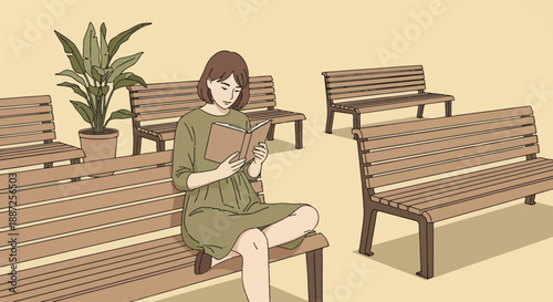 A commuter finds a tranquil moment reading on a public transportation bench, a flat vector illustration portraying the reflective side of an urban lifestyle